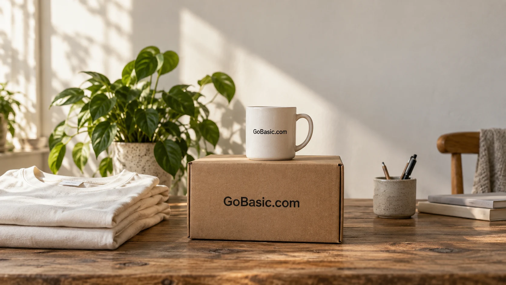 A GoBasic.com box and mug among useful everyday essentials