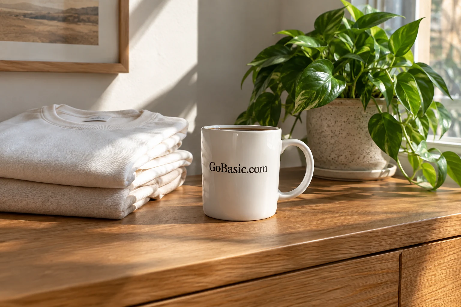GoBasic.com everyday essentials on a warm wooden table